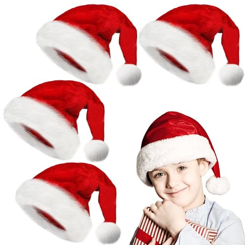 obqo 4 Stück Weihnachtsmütze Kinder - Flauschige Plüsch Nikolausmütze für Mädchen Jungen Extra dicker Samt Nikolaus Weihnachten Weihnachtsmann Mütze für Teenager Weihnachtsfeier Weihnachtszubehör