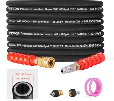 VEVOR Tubo per Idropulitrice 30,5 m di Ricambio, Filettatura in Ottone Alta Compatibilità, Tubo Flessibile 9,9mm Connettore 3/8-φ14,8 Maschio 3/8-φ15 Femmina Raggio di Curvatura 124,5mm 330,95bar