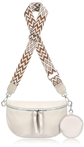 Bauchtasche Damen Leder, Kleine Umhängetasche Damen, Crossbody Breiter Gurt Bauchtasche Stylisch Gürteltasche Weiß mit Geldbörse und Verstellbarer Schultergurt Hip Bag