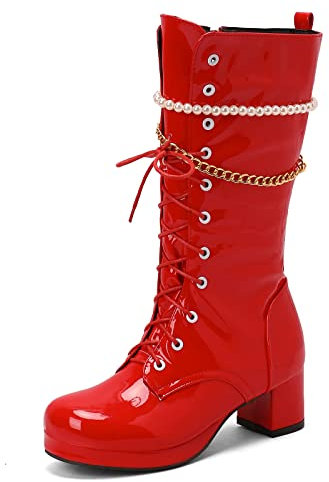 Gicoiz Damen Runde Zehen Lack Militarstiefel Schnüren Ketten Winter Mode Blockabsatz Stiefel Party Plateau Biker Stiefeletten Zip Rot Gr 42 EU-44Cn