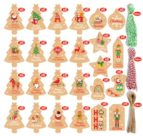Geschenkanhänger Weihnachten, Weihnacht 150 stück Kraftpapier Geschenkanhänger Anhänger Etiketten mit Jute-Schnur und rot/weiß Baumwollgarn, Geschenkanhänger Kraftpapier, 25 Designs für Weihnachten