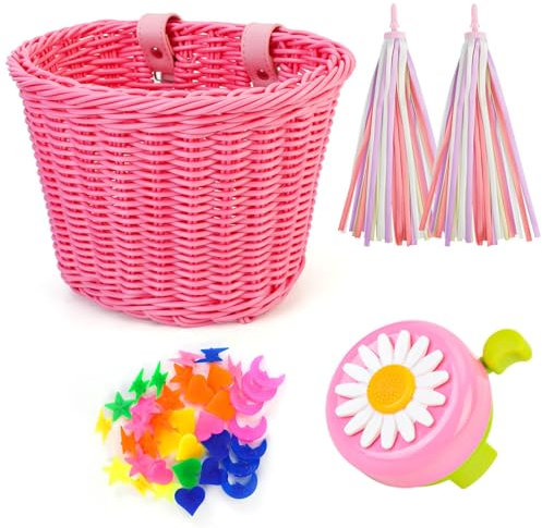 Oumers Ensemble de Panier de Vélo pour Enfants, Cloche et Banderoles de Vélo pour Enfants, Accessoires de Décoration de Vélo d'équilibre, Panier de Vélo, Perles de Rayons de Roue pour Filles (Rose)