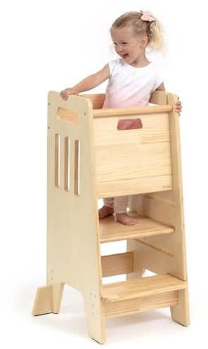 Toddler Tower with Sliding Door - 3 Height Levels Varnished