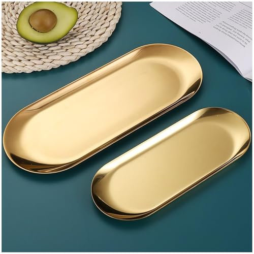 Tablett Gold - Dekotablett Gold, Gold Deko Serviertablett - Goldene Deko Tablett, Kleines Spiegel Edelstahl Metall Tablett FüR Lebensmittel, Schmuck, Kosmetik, Kerzen, Handtuch (Oval, Mix) (Mix)
