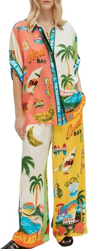 SANSIWU Damen Boho 2-teiliges Outfit Bohemian Print Kurzarm Knopfleiste Hemd + Kordelzug Hose Set Beachwear, gelb, 42