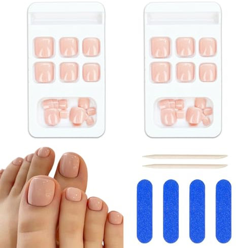 QEDBOJE 48 Pezzi Unghie Finte Piedi Corte, Full Cover Acrilico, con Colla, Francese Rosa, Adesive, con Lime e Bastoncini, Decorazioni Manicure da Donna (12 Taglie)