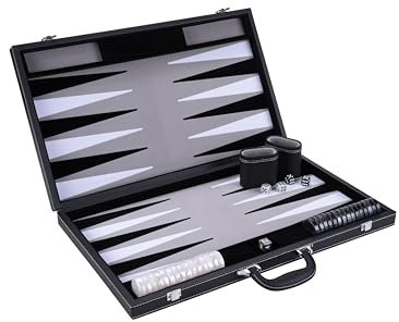 Engelhart - 250537 - Grand Jeu de Backgammon de Luxe 21 Pouces - 54 cm - Gris - Simili Cuir Haut de Gamme - Incrustation Feutre Spécial - Pions et Dés Nacrés + 2 Gobelets – Ouvert : 63 x 54 x 2,8 cm