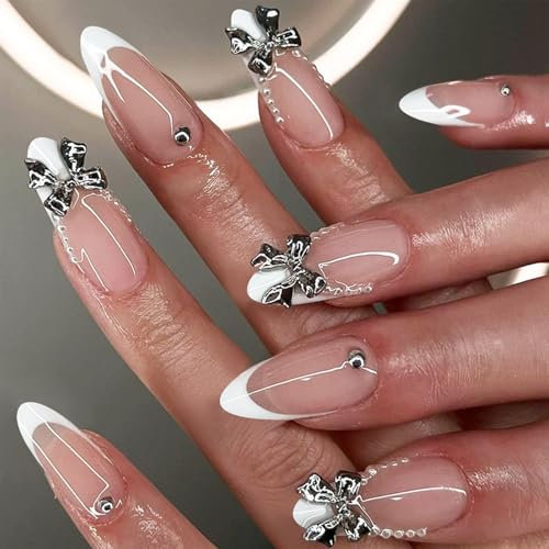 Irikdescia 24 Stück Französischer Press On Nails In Medium Mit Schleife, Nude Mit Perlen Und Schleife Nägel Zum Aufkleben, French Tip Almond Formige Fake Nails(Silber)