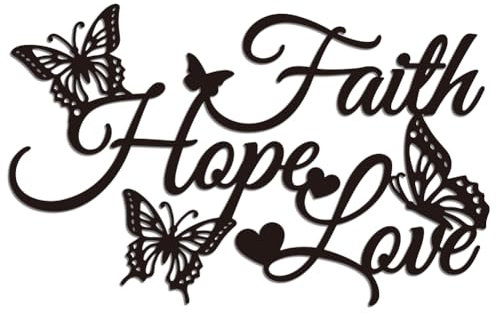 WADORN Glaube Hoffnung Liebe Metall Wanddekoration Wandskulptur Mit Schmetterling Glaube Hoffnung Liebe Schwarze Kunst Dekoration Gesegnete Worte Ornament Hängeschild Für Zuhause Schlafzimmer 38x24cm