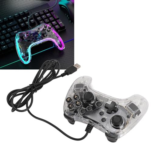 Bewinner Manette de Jeu Filaire, Manette de Jeu PC avec Turbo à Double Vibration, Gyroscope 6 Axes, Lumière RVB, Manette de Jeu Transparente pour PC
