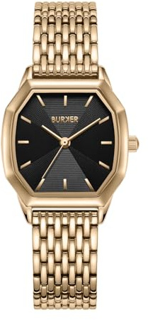 BURKER Damenuhr Julia, Hexagon-Gehäuse Damen Armbanduhr Gliederarmband Edelstahl Analog Quarz 3-ATM Wasserdicht - 32 mm - Gold Schwarz