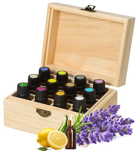 12 Löcher Ätherisches Öl Halter Regal aus Holz Aufbewahrungsbox Drehbarer Präsentationsständer Display Box Organisator, Tragbar Holz Aromatherapie Ätherische Öle Flaschen Koffer mit Deckel