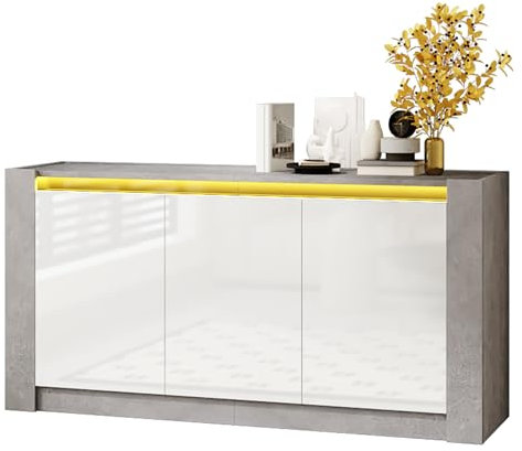 Buffet moderne finition laquée brillante avec cadre effet béton,système d’ouverture push-to-open,charnières à fermeture amortie,étagères réglables,pour salon,couloir et salle à manger (Gris+Blanc)