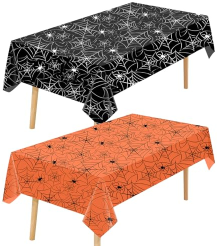 TAIYOU 2 Stück Halloween Tischdecke Halloween Tischdeko Deko Kunststoff Spinnennetz Rechteckige Kamin Tischdecke Halloween Deko für Wohnzimmer Esszimmer Kamin Party Dekoration Schwarz Orange