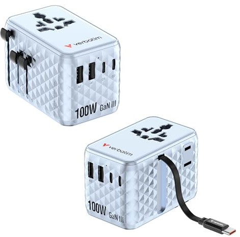 Verbatim GaN Reiseadapter 100W Blau mit 2X USB-C USB-A USA/JP Anschluss | Steckdosenadapter mit integriertem Kabel, Universal Schnellladegerät für MacBook,Laptop, iPhone 17, weltweit einsetzbar