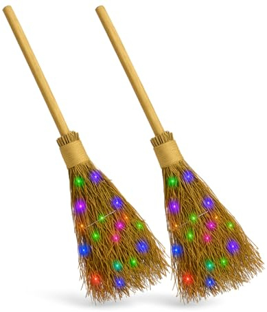 Lizzy LED Wooden Broom 1M with 45 Colourful Lights | Halloween Broomstick Illuminated Decoration & Costume Accessory | Rustic Wood & Straw Design | Battery Operated Indoor/Outdoor Use (2)