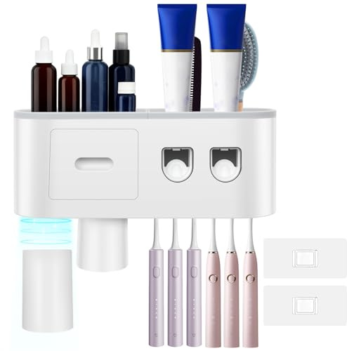 Toothbrush Holder Wall Mounted - Multifunctional Automatic Kit with 2/3 Cups,6 Brush Slots & 2 Paste Dispensers,Top Storage Platform,Easy Install(Gray - 2-cup size)