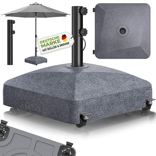 tillvex® Pied de parasol GRAVIA à roulettes et freins | Support de lestage parasol à remplir 37L/56kg | Poids pour parasol droit et de marché Ø1,8-3,7m | Résistant aux intempéries et UV (Effet Granit)