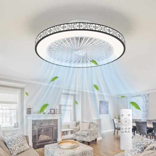 LOKUNM 48cm Deckenventilator mit Licht und Fernbedienung, flaches Design, dimmbar mit 3 Farbtemperaturen, leiser reversibler Motor, deckenbündige Montage, für Schlafzimmer und Küche