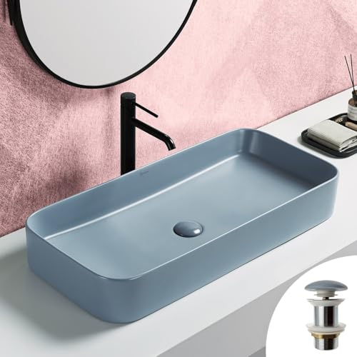 LUPIA Vasque à Poser Rectangulaire 80 x 37 cm en Céramique Bleu Cendré Mat + Bonde Pop-up Incluse
