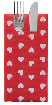 Sovie HOME Airlaid Besteckserviette LOVE, 40 x 40 cm, 1/8 Falz, 12 Stück, Design weiße Herzen auf rotem Hintergrund, Ideal für Verlobung, Hochzeit, Valentinstag