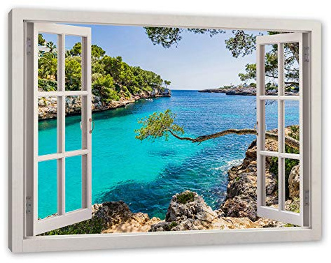 Pixxprint Mallorca Bay Cove, Fensterbild, Größe: 120x80cm, Leinwandbild, fertig gespannt, Wandbild, Dekoration, Kunstdruck, kein Poster