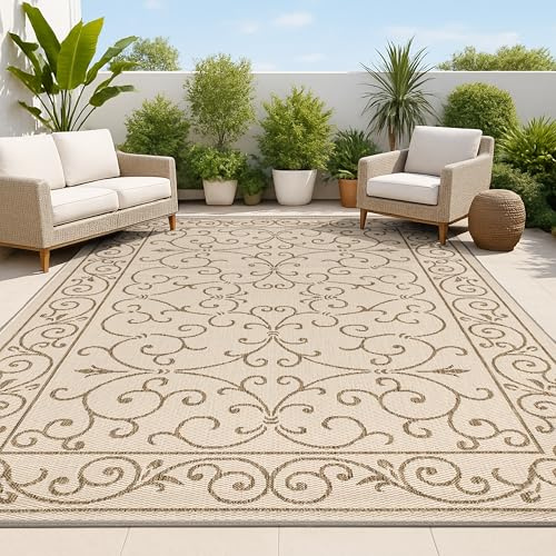 JONATHAN Y SMB106A-8 Charleston Vintage Filigrangewebe Teppich für drinnen und draußen, leicht zu reinigen, Schlafzimmer, Küche, Garten, Terrasse, Nicht fusselnd, 240 cm x 300 cm, Beige/Braun