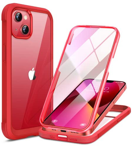 Miracase Compatible with iPhone 13 Case 6.1inch, [Built-in Glass Screen Protector] Full Body Rubber Bumper Clear Back Case Cover (Red)
