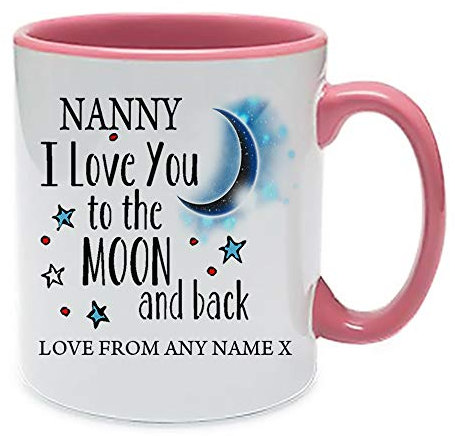 Personalised Nanny I Love You to The Moon & Back Coffee Tea Cocoa Soup Daily use Mug Valentine's Day Birthday Party gage Keepsake Unique Ceramic Cup Mug. (Pink Inside and Handle)