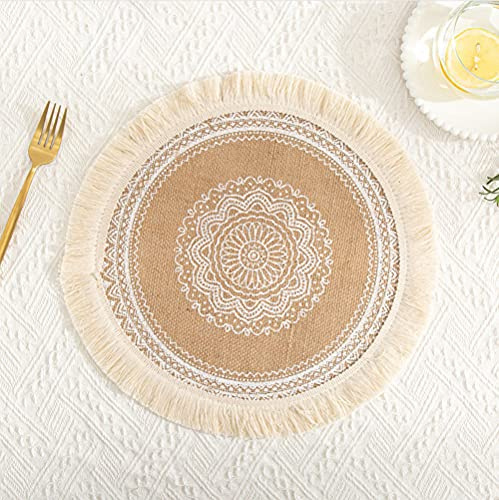 Rund Gewebte Platzset,Boho Tischsets,Jute Tischsets mit Mandala Quaste,Böhmen Farmhouse Retro Restaurant Tischdekoration Platzdeckchen Tischsets für Hochzeit Festival Party Küche Speisetisch,2er Set N