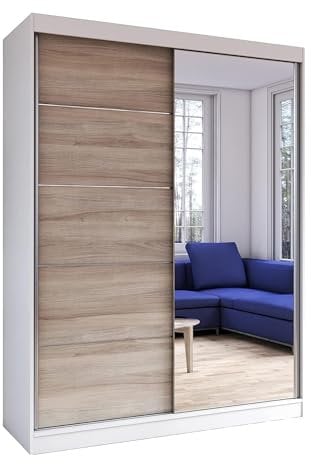Fabryka Mebli Idźczak Kleiderschrank mit Spiegel, Schiebetüren - Schwebetürenschrank, Schlafzimmerschrank - 61 x 150 x 200 cm - Schrank für Schlafzimmer, Ankleidezimmer, Garderobe - Weiß, Sonoma