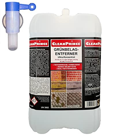 CleanPrince Grünbelagsentferner 5 Liter |mit einem gratis Ausgießer pro Bestellung| Konzentrat Grünbelagentferner Grünspan Flechten Reiniger Stein Glas Kunststoff Holz Putz