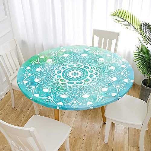 Morbuy Rund Tischdecke Elastisch, Lotuseffekt Abwischbar Rund Tischdecken Mandala Tischtuch für Küchen Garten Outdoor (Durchmesser 70cm,Türkis)