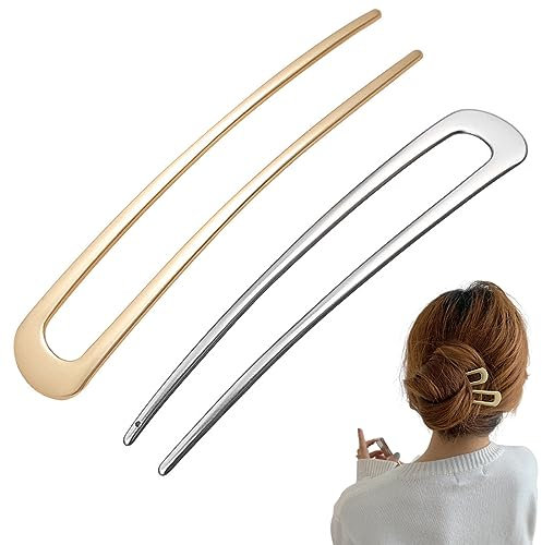 2 Pièces En Forme De U Épingle À Cheveux Style Français Pince À Cheveux En Métal Vintage Épingle Broches Chignon Épingles À Cheveux Accessoires De Coiffure Pour Femmes Filles Dame (Or, Argent)