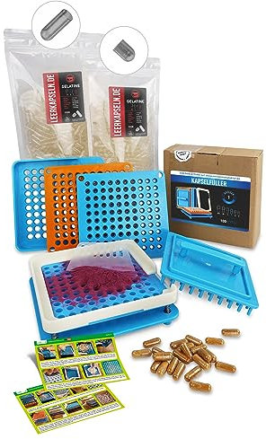 Kapselfüller Größe 1 + 1000 Leerkapseln, getrennte Gelatine Kapselhälften - kein vorheriges Öffnen nötig - Kapselfüllgerät [100 Löcher] zum selber befüllen - Filler Maschine