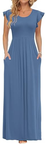 AUSELILY Damen Kurzarm Plissee Lässige Maxikleider mit Taschen Rundhalsausschnitt Sommer Freizeit Blau Strandkleid Large
