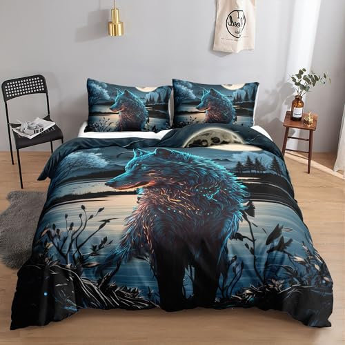 HOSIMA Bettwäsche-Set Mit Wolf-Aufdruck für Erwachsene, Jungen und Mädchen - Bettbezug Mit 2 Kissenbezügen (S)