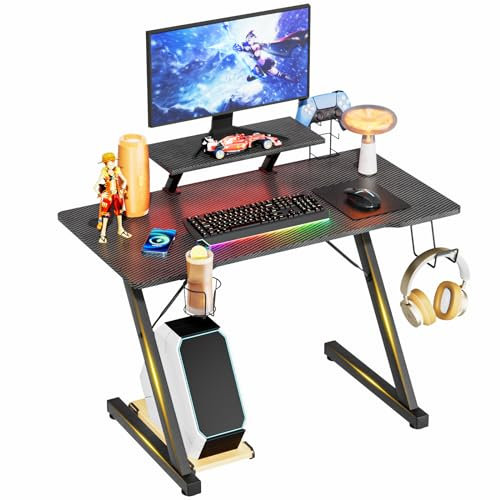 Scrivania Gaming Ergonomica, Tavolo da Computer Grande Scrivanie pc in Fibra di Carbonio, Postazione Gaming con Supporto Monitor, Gamepad, Cuffie e Porta Bevande, 100x54.5x75cm Tavolo Gaming, Nero