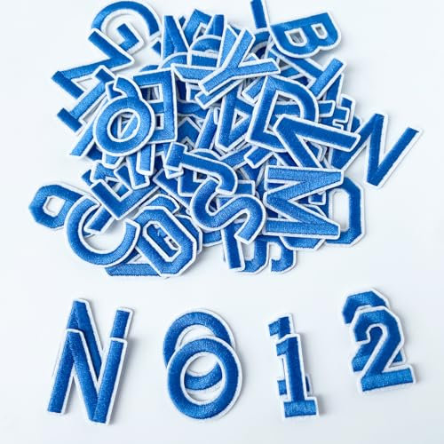 Jongdari 75pcs Iron On Letters and Numbers Patches for Clothing, 1.5 Embroidery Alphabet Letterman Jacket Patche A-Z & 0-9 Applique for Backpack & Fabric (Blue)