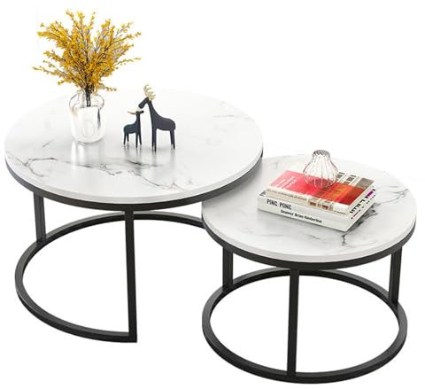 maxant Round Nesting Tables, Coffee Table Set of 2, Removable End Table, Faux Marble Stacking Sofa with Metal Frame, Vintage Wooden Stacking Space, for Living Room/Bedroom, Rustic Brown 80cm + 60cm