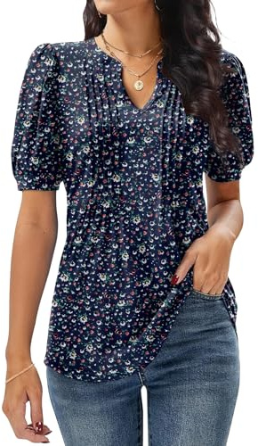 GRECERELLE Womens V Neck Tops Puff Short Sleeve | T-Shirt Pleated Floral Printed Tunic Blouse Shirts