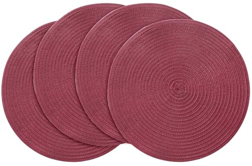 Floroom 15 Inch Round Braided Placemats Set of 4, Washable Heat Resistant Cotton Polyester Circle Place Mats for Kitchen Dining Table - Burgundy, ZDYX-4