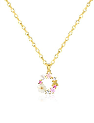 Mesovor Niedliche Gold Blumen Kette für Damen und Mädchen, 18 Karat Vergoldete Anhänger-Halskette mit Hübschen Bunten Blumenperlen für Partys und Hochzeiten (Gold-Runde)