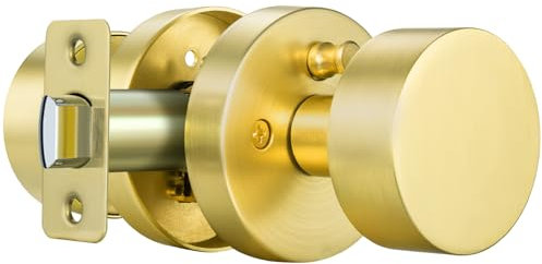 Calzibeno Satin Brass Door Knobs, Privacy Gold Door Knob, Brushed Gold Modern Door Knobs Interior, Round Door Handle for Bedroom, Bathroom, Study, Office