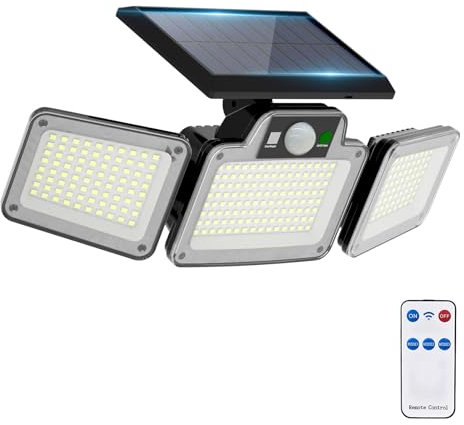 JumJam 280 LED Solar Flood Lights Outdoor, 3 Adjustable Heads Solar Lights Outdoor Motion Sensor, Waterproof Wireless Solar Powered Spot Light for Yard Garage Patio Porch Garden, 1 Pack