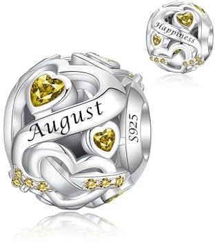 Alstiva August Geburtsstein Charm 925 Sterling Silber 5A Zirkonia Charm Anhänger für Armband Bead Pendant für Europäische Armbänder Halsketten Schmuck Geschenk für Damen Frauen