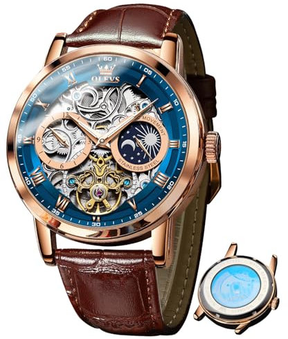 OLEVS Skeleton Herren Automatische Mechanische Uhren Leder Mondphase Selbstaufziehend Luxus Anzug Wasserdicht Leuchtende Armbanduhren für Herren