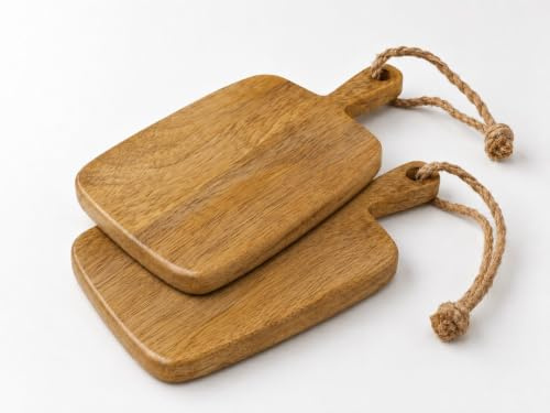 Lot de 2 mini planches de service en bois élégantes avec poignée et suspension - 19 x 10 x 1,8 cm - Pour tapas, collations, légumes et fruits - Planche à découper, planche en bois, planche de service