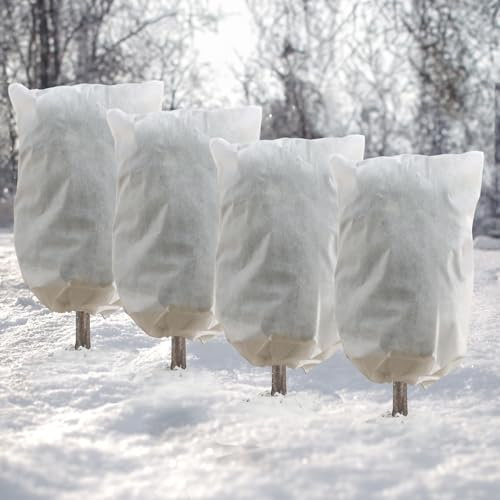 DazSpirit 4 Stück Winterschutz für Pflanzen, 80 x 120 cm Winterschutz Kübelpflanzensack mit Kordelzug und Reißverschluss, Wiederverwendbar Frostschutzvlies aus Frost, Frost, Insekten