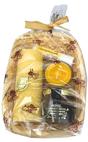 Wohlfühl GESCHENK-SET mit Honig im Glas 50g, Lippenpflegestift mit Propolis, handgedrehte Bienenwachskerze, Teelicht im Glas, 6-teilig